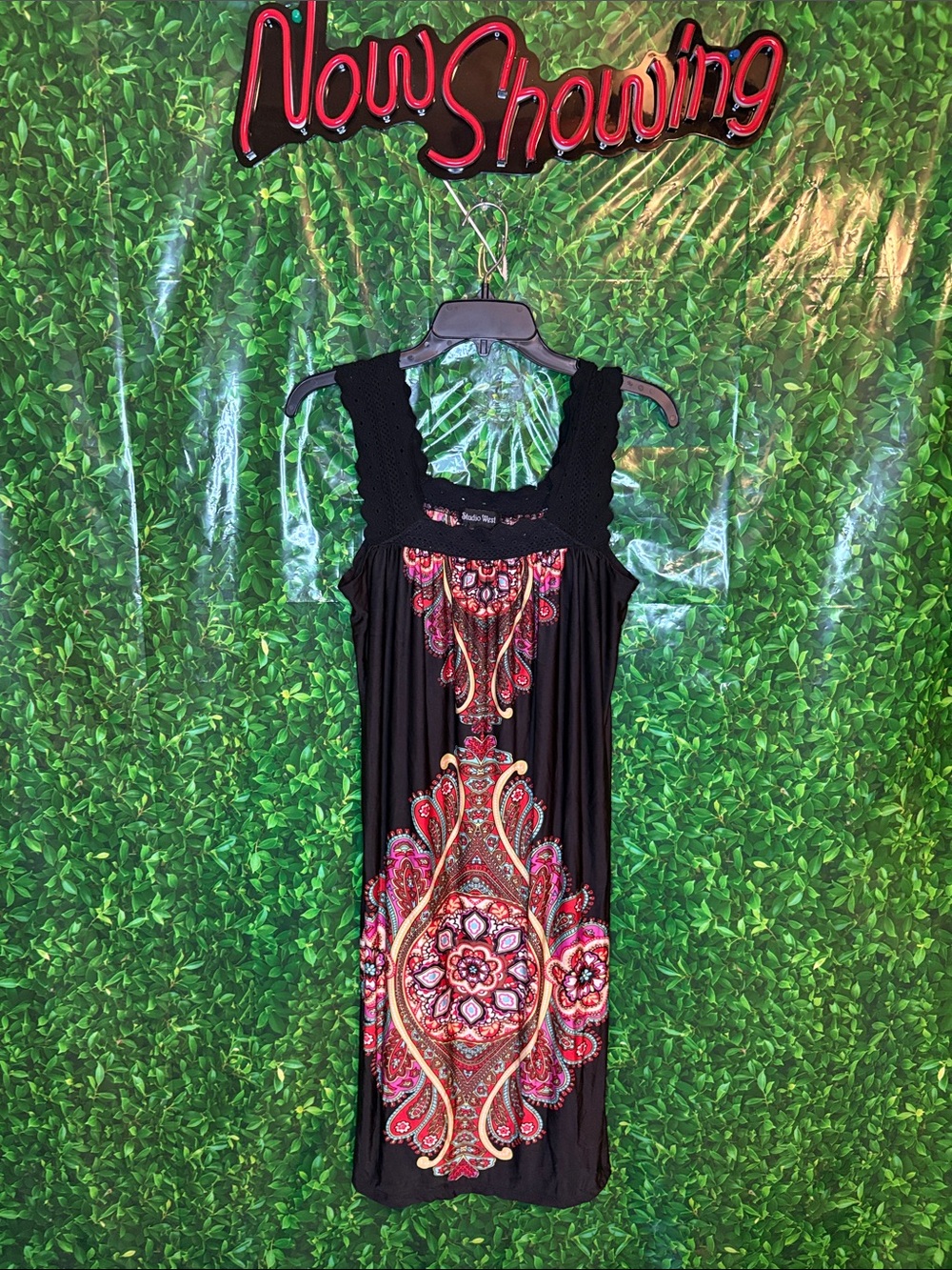 Studio West Black Sleeveless Dress with Pink & Red Paisley Medallion